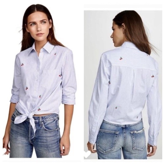 SUNDRY Blue Striped Cherry Embroidery Button-Up Tie FrontShirt size Large - Picture 1 of 5
